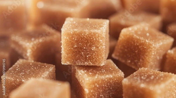 Fototapeta Close-up of brown sugar cubes, stacked with detailed texture, warm tones, softly blurred background, highlighting rich sweetness and detail