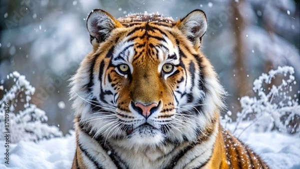 Fototapeta Close up portrait of Siberian tiger in winter snow