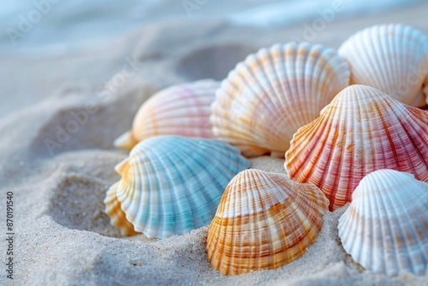 Fototapeta a group of colorful seashells on sand