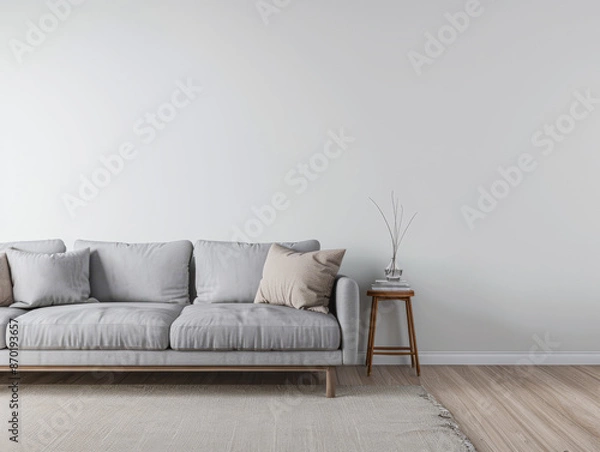 Fototapeta Minimalist living room interiors composition with a tv set, a sofa and a window providing natural lighting. Luxury Real Estate composition.