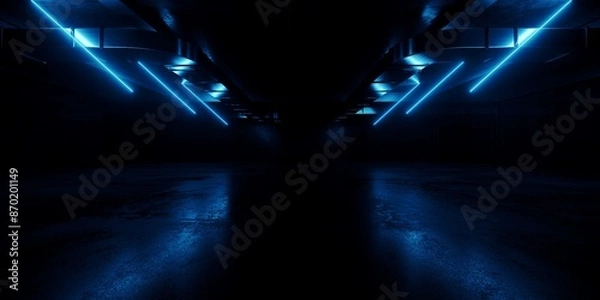 Obraz Vibrant Blue Spaceship Alien Neon Lasers Cyberpunk Stage Podium Glowing Tunnel Corridor Realistic Sci Fi Futuristic Dark Concrete Grunge Basement Underground Parking Showroom 3D Rendering