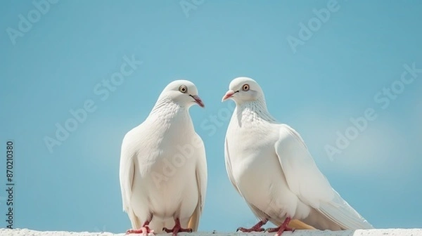 Fototapeta Two White Pigeons Soaring in Clear Blue Sky, Symbolic and Serene Scene