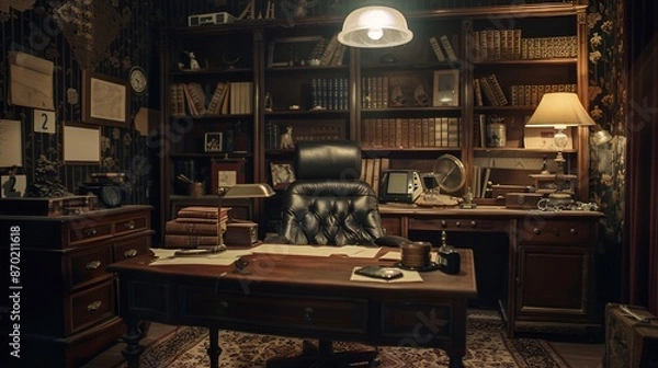 Fototapeta A classic mystery escape room with detective props, crime scene elements, and a whodunit atmosphere.