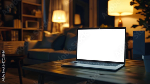 Obraz Night mockup of a white laptop screen in the living room. In a dimly lit room, there is an open laptop on the table. The room is full of various objects