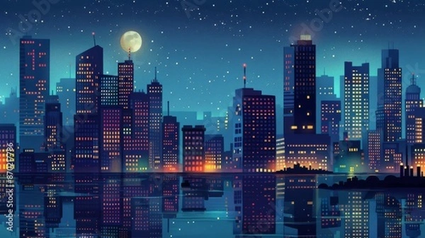 Fototapeta Nighttime city scene with building illustrations.