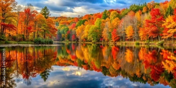 Fototapeta Scenic autumn landscape with vibrant foliage reflected in a calm lake, creating a colorful and serene scene.