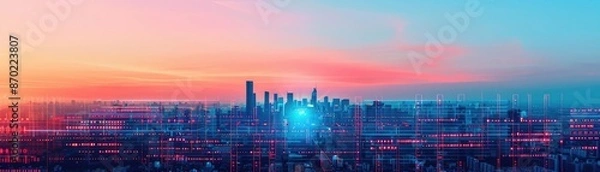 Fototapeta Economic data, AI-driven analytics, virtual dashboard, futuristic city skyline, digital economy