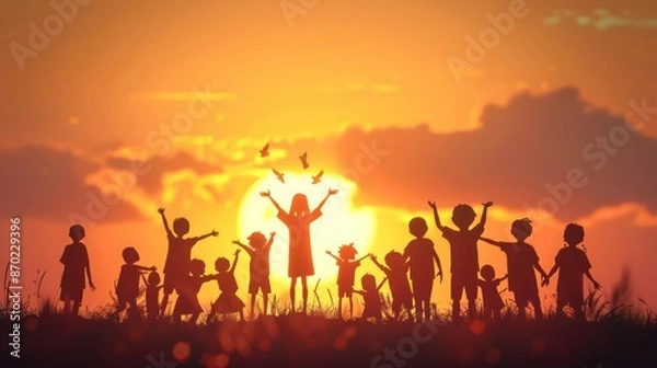 Obraz Silhouette of Stick Characters Celebrating and Cheering