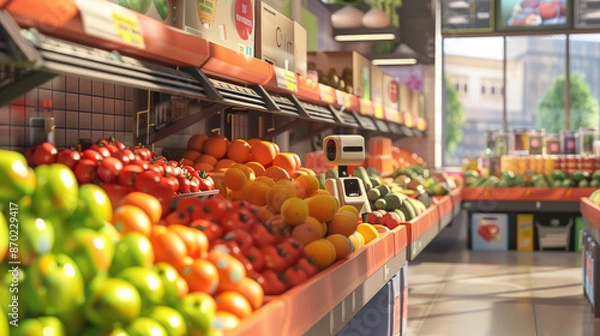 Fototapeta Crowded Supermarket Produce Aisle Brimming with Fresh Fruits and Vegetables