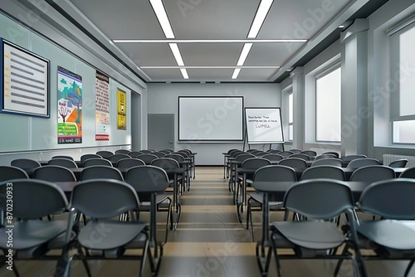 Fototapeta A modern empty classroom with sleek, ergonomic chairs, whiteboard at the front, and motivational posters on the walls