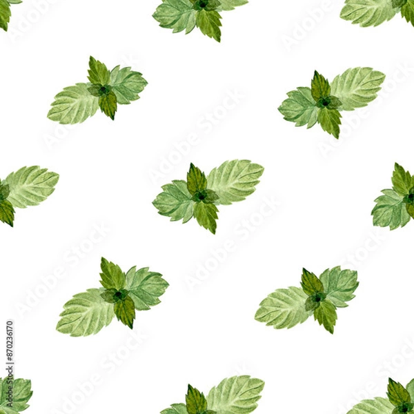 Fototapeta Mint leafs seamless pattern in watercolor isolated on white background, hand drawn for food design. Great for packages, textile, notebooks, wrapping paper and kitchen decor