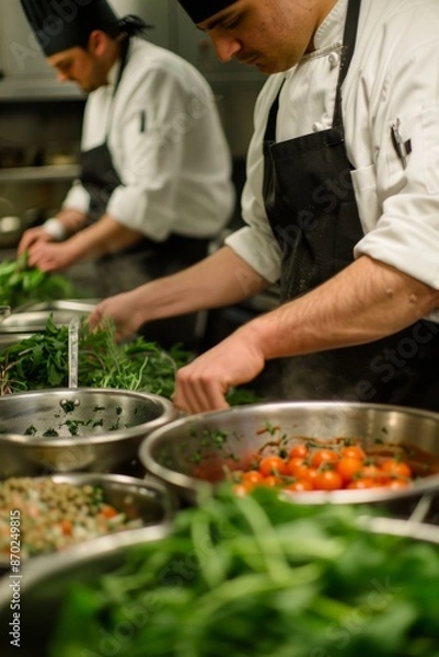 Fototapeta Professional Photography of kitchen staff prepping fresh ingredients, using good quality produce, Generative AI