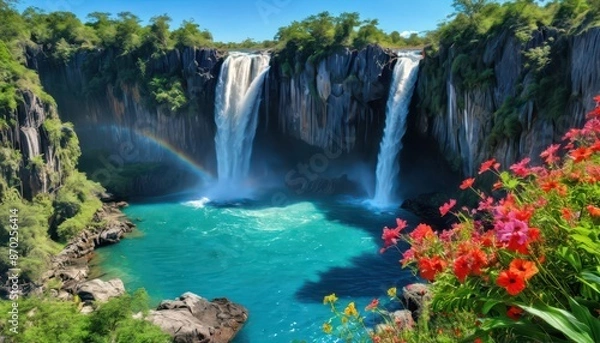 Fototapeta Majestic Waterfall with Rainbow and Flowers.