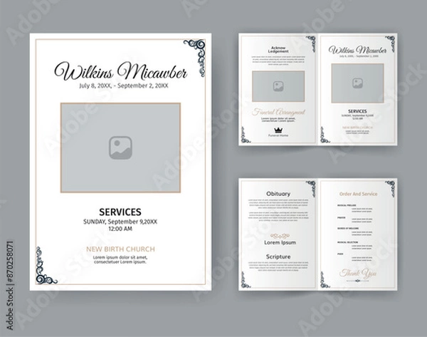 Obraz Funeral  Template for Memorial Program. Minimalist Bifold Brochure Design Layout.