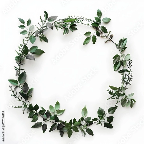 Fototapeta Elegant Botanical Wreath Frame on White Background with Lush Foliage Leaves and Floral Elements
