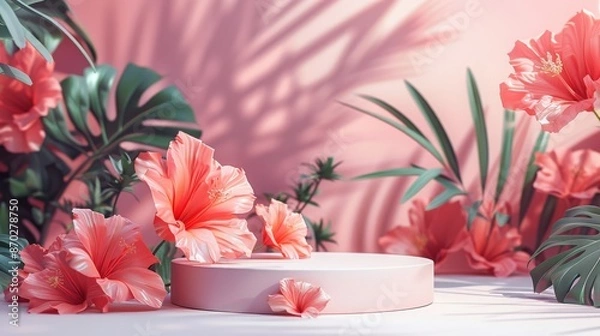 Obraz Pink podium with hibiscus flowers for product display against a pink background with tropical leaves. Empty platform to showcase beauty and cosmetic products.