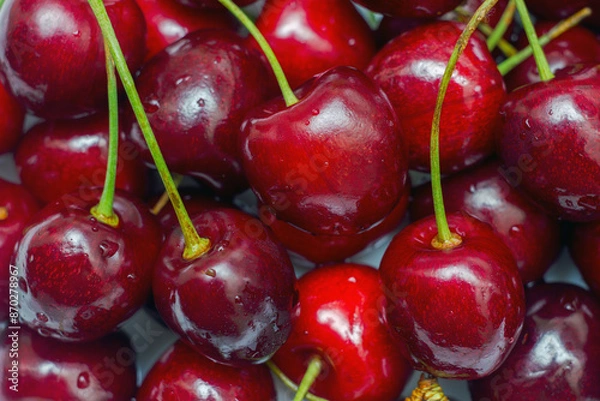 Obraz Large ripe red cherry with green stems