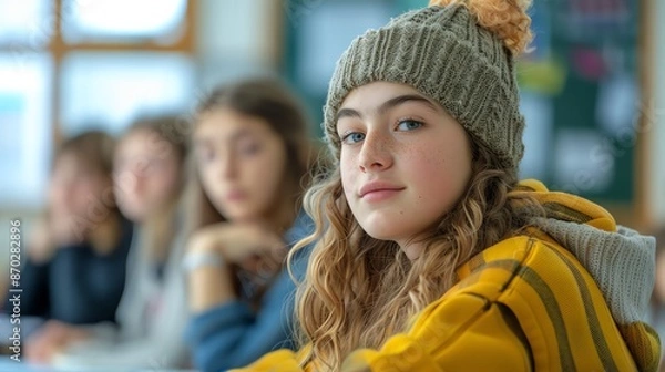 Fototapeta Young female student wearing a beanie hat looks at the camera in a classroom setting.