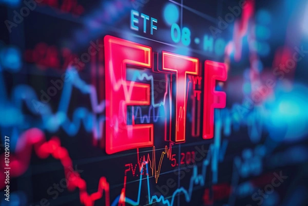 Obraz Letters ETF on stock finance or trading chart analysis, exchange-traded funds background