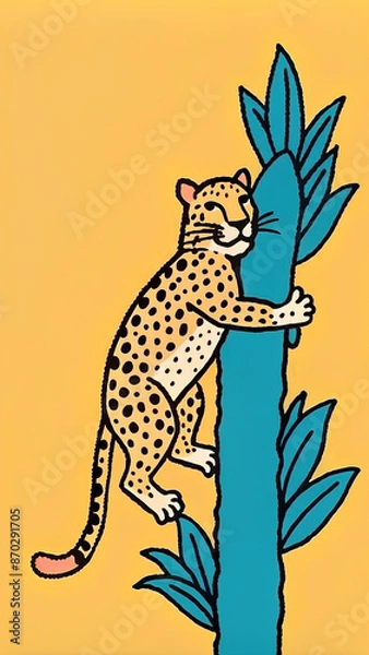 Fototapeta cartoon style illustration of a leopard climbing a tree in the jungle