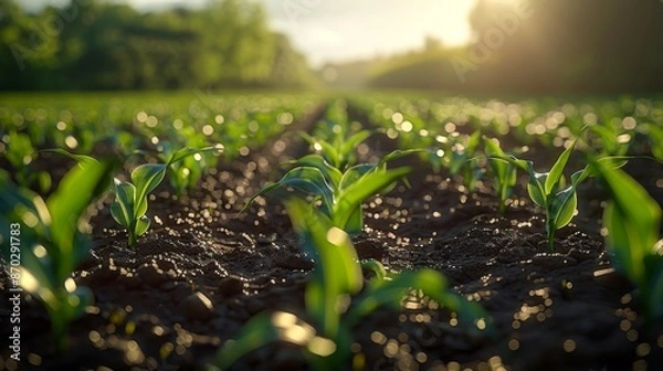 Fototapeta Young Corn Plants in Field at Sunrise - Generative AI