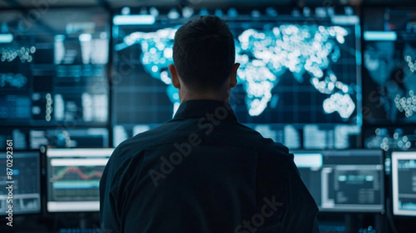 Obraz A security professional oversees numerous displays in a high-tech security operations center, emphasizing the importance of surveillance and data protection.