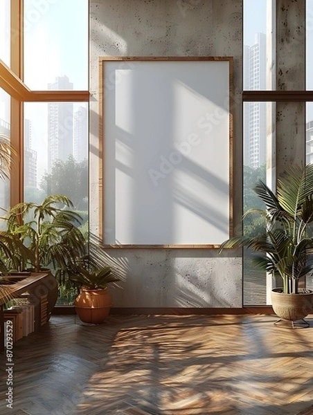 Fototapeta Minimalist White Frame Mockup in Airy Spacious Home Photography Studio with Large Window Overlooking City Skyline and Natural Lighting for Time lapse Photography