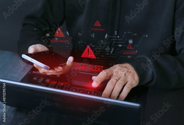 Fototapeta Scammer alert and warning caution signs on mobile phone. cyber attack on online network error system. Cybersecurity vulnerability, data breach, illegal connection, compromised information.