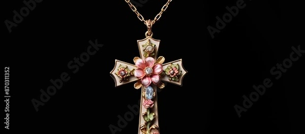 Obraz Necklace adorned with vibrant flowers around a Christian Cross pendant, with space for additional images.