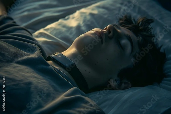 Fototapeta Minimalist sleep tracker, photorealistic, close-up, dramatic lighting, ergonomic design