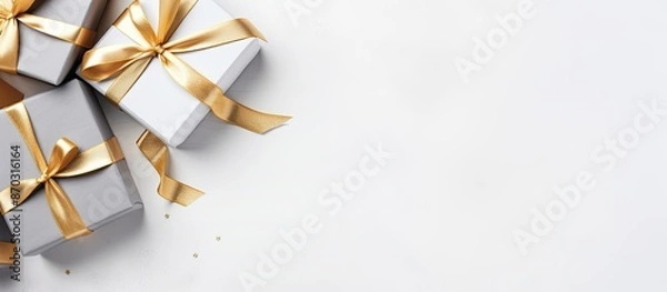 Fototapeta Gift box displayed on a gray table against a white background with mockup gifts. Top view with ample copy space image.