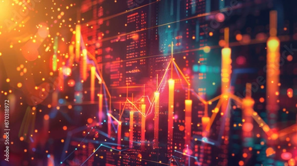 Fototapeta Abstract digital financial background with glowing stock market chart and data visualization elements