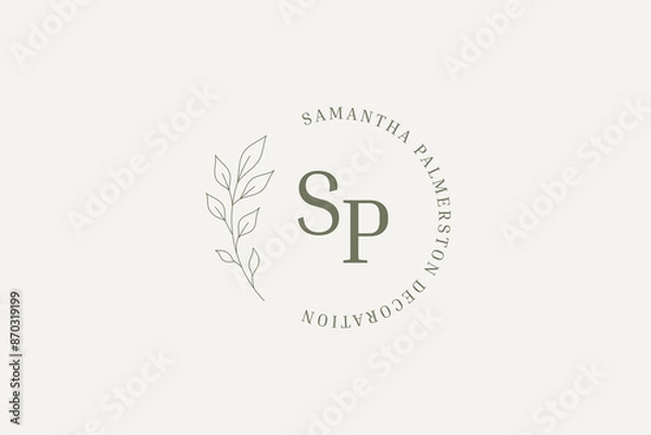 Fototapeta Romantic tree branch with leaf circle outline logo design template vector illustration