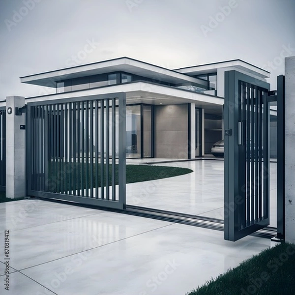 Obraz Automatic Sliding Gate and modern house, 3d illustration
