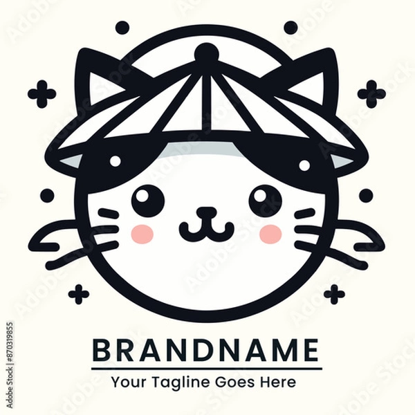 Fototapeta Cute and modern cat logo with a playful design featuring a cat with a sunhat ideal for children's brands or summer themed products