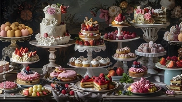 Fototapeta a table topped with lots of different types of cakes and desserts on top of plates and serving trays