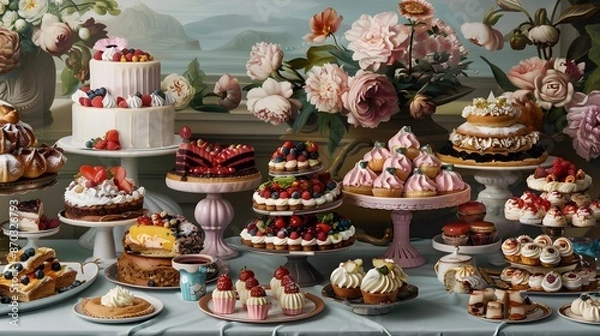 Fototapeta a table topped with lots of different types of cakes and desserts on top of plates and serving trays