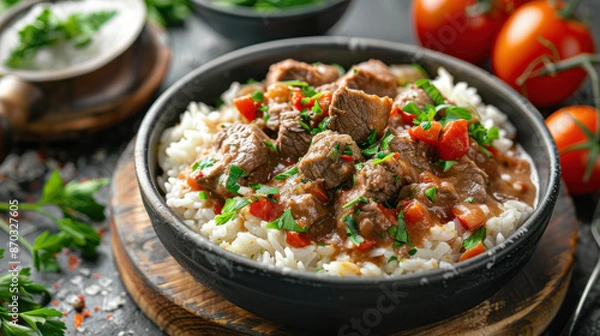 Fototapeta A bowl of Creamy Veal Ragout with rice, garnished with parsley and red peppers, photographed on a rustic wooden table