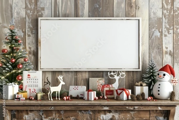 Fototapeta Christmas Decorations and a Blank Canvas on a Rustic Wooden Shelf