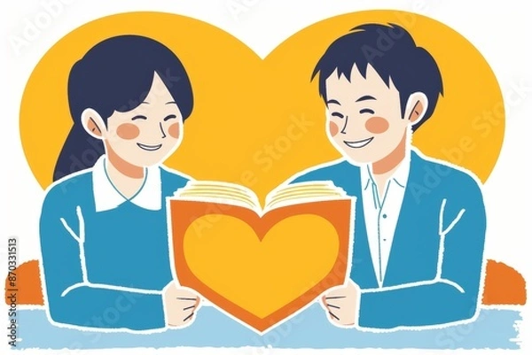 Fototapeta Two people sharing a heart symbol representing love connection and friendship in a warm and joyful illustration