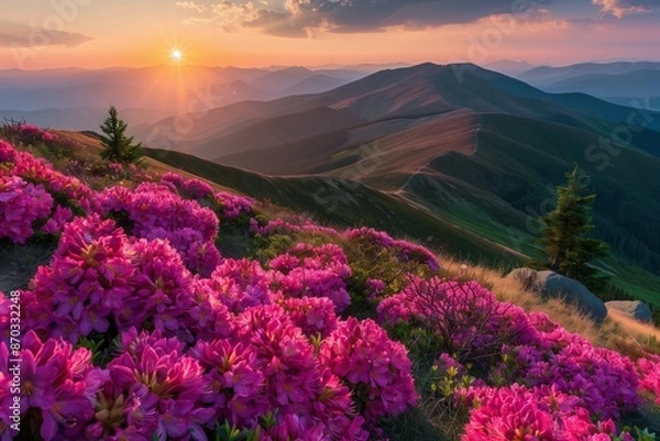 Fototapeta Attractive summer sunset with pink rhododendron flowers. Location place Carpathian mountains, Ukraine, Europe. Vibrant photo . Image of exotic landscape. Discover the beauty of earth.