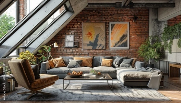 Fototapeta Modern Loft Living Room with Brick Wall and Sectional Sofa