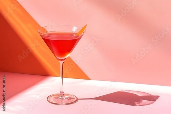 Obraz photo of a red cocktail in a highball glass on a pink and orange background, minimalist style, stock photo, simple composition, feminine, sunny light background 
