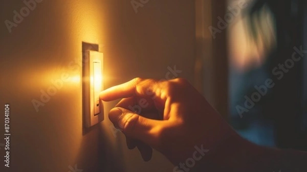 Fototapeta Close-up of a hand turning off a light switch in a softly lit room