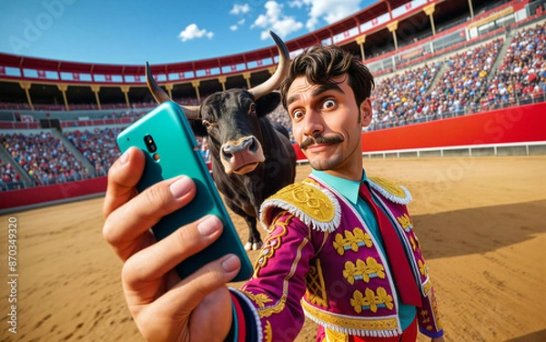 Fototapeta Un matador prend un selfie dans une arène, affichant une confiance comique et imprudente.