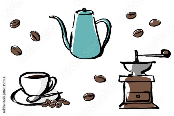 Fototapeta 筆タッチのコーヒータイムのイメージイラストセット