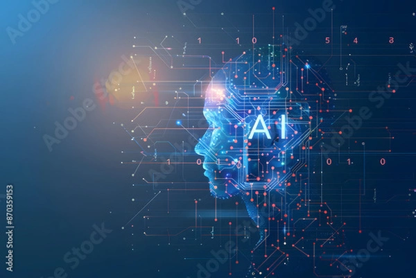 Fototapeta Side profile of Artificial intelligence computer head, glowing lines and big data, futuristic AI 