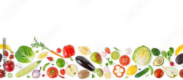 Obraz Seamless pattern border with different fruits, vegetables and berries