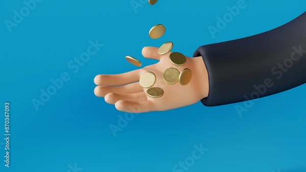 Fototapeta A 3d hand catching falling coins on a blue background.