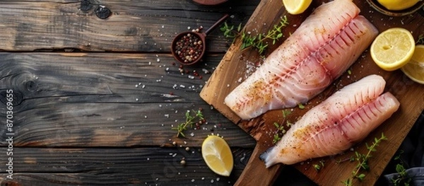 Fototapeta A tilapia fish fillet on a cutting board with lemon and seasonings, displayed with a copy space image.